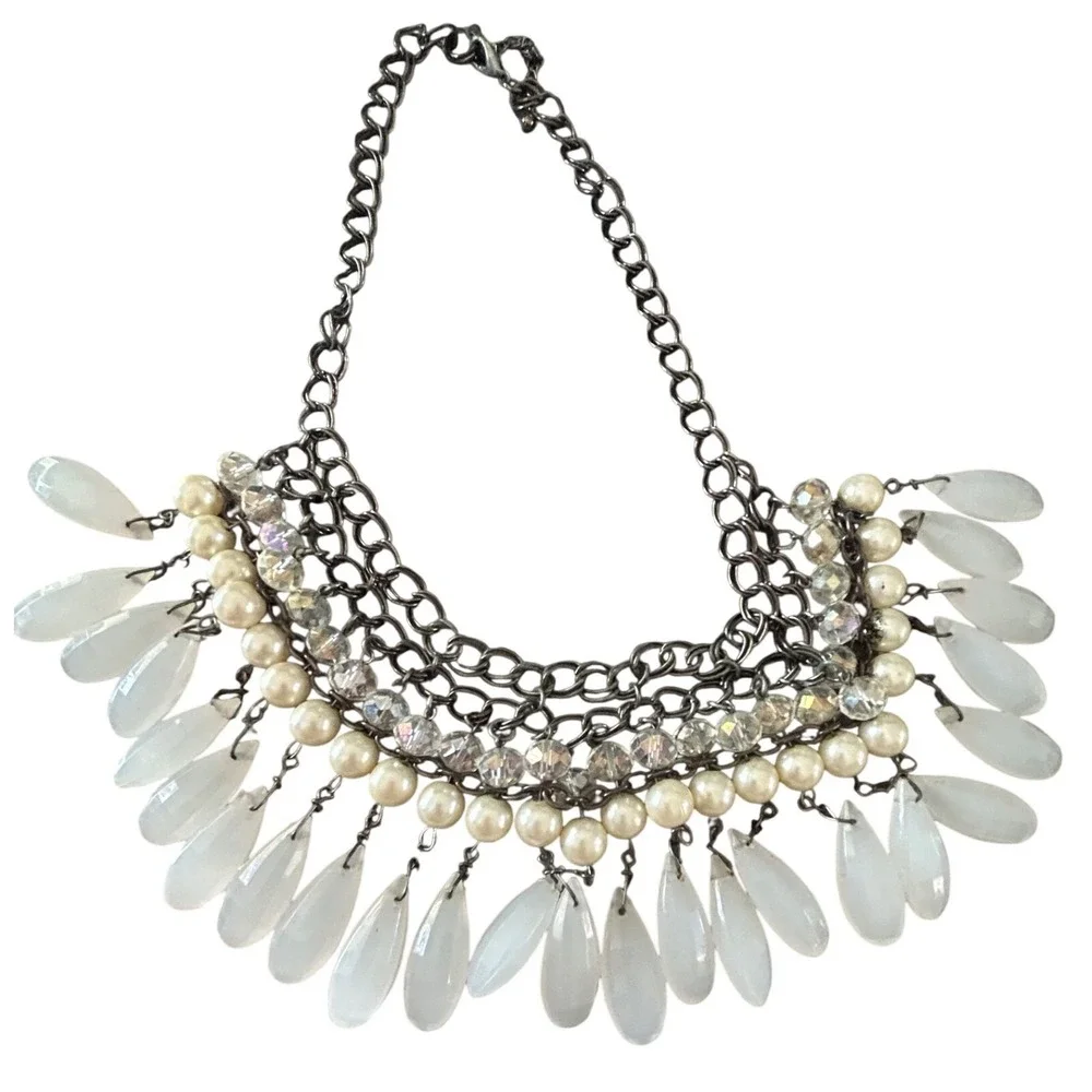 Gunmetal Statement Bib Necklace Faux Pearl Iridescent White Teardrop Dangle 19in